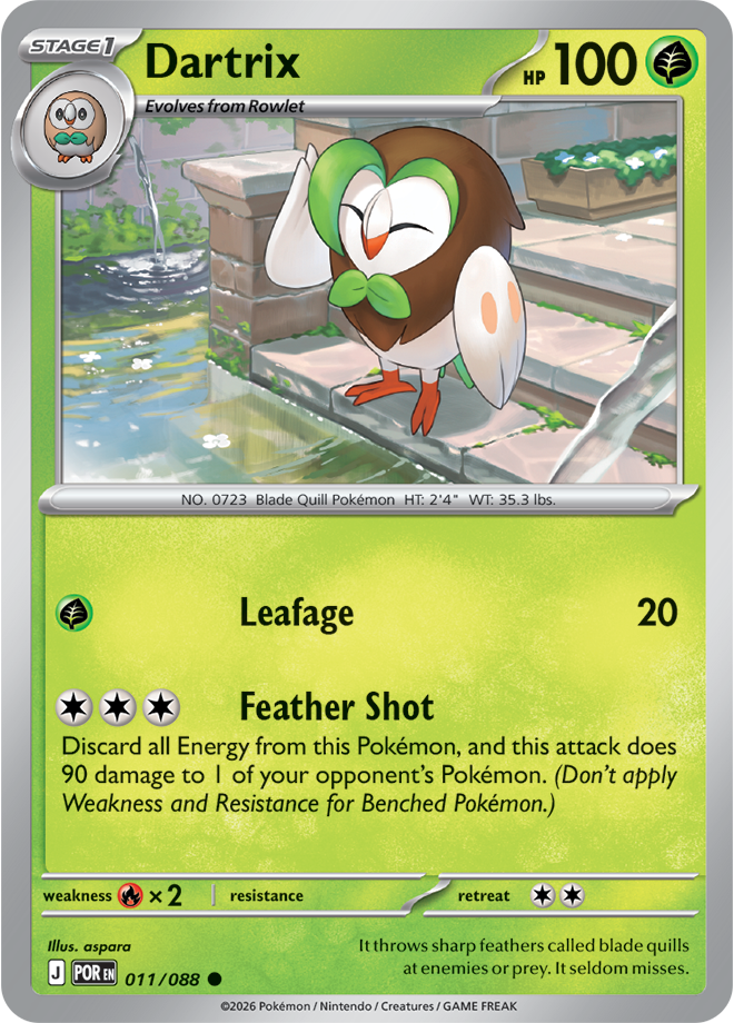 Pokémon trading card featuring Dartrix with a leafy green border