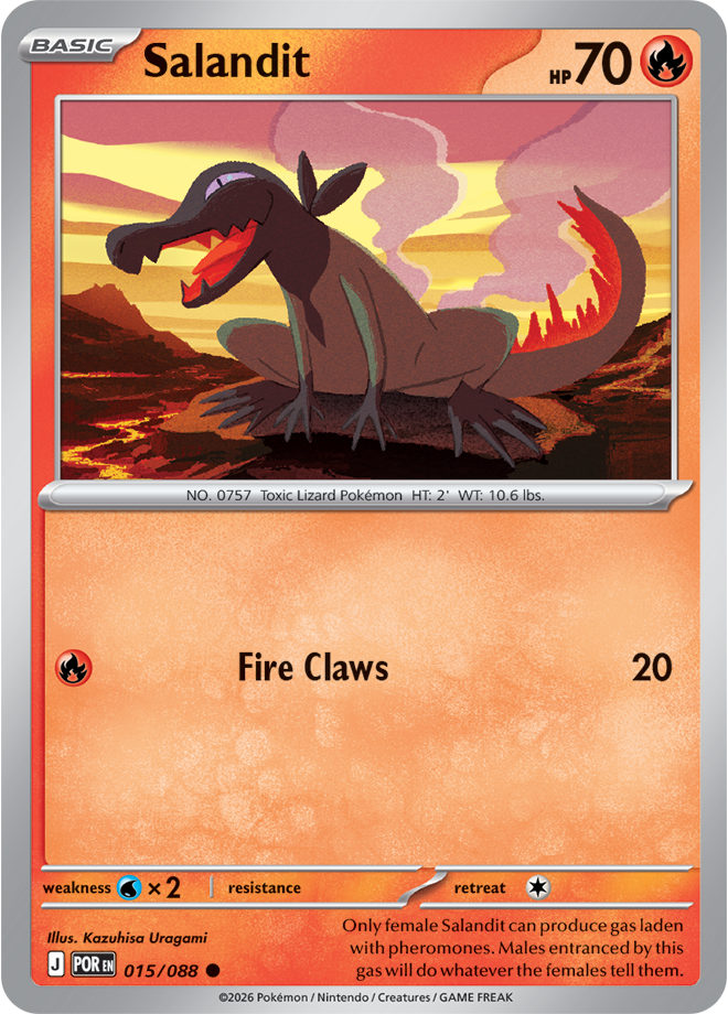 Salandit Pokémon trading card with fiery background