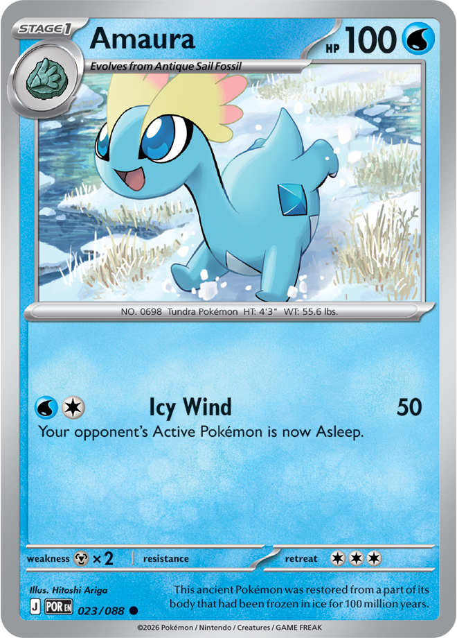 Pokémon trading card featuring Amaura with blue and yellow design