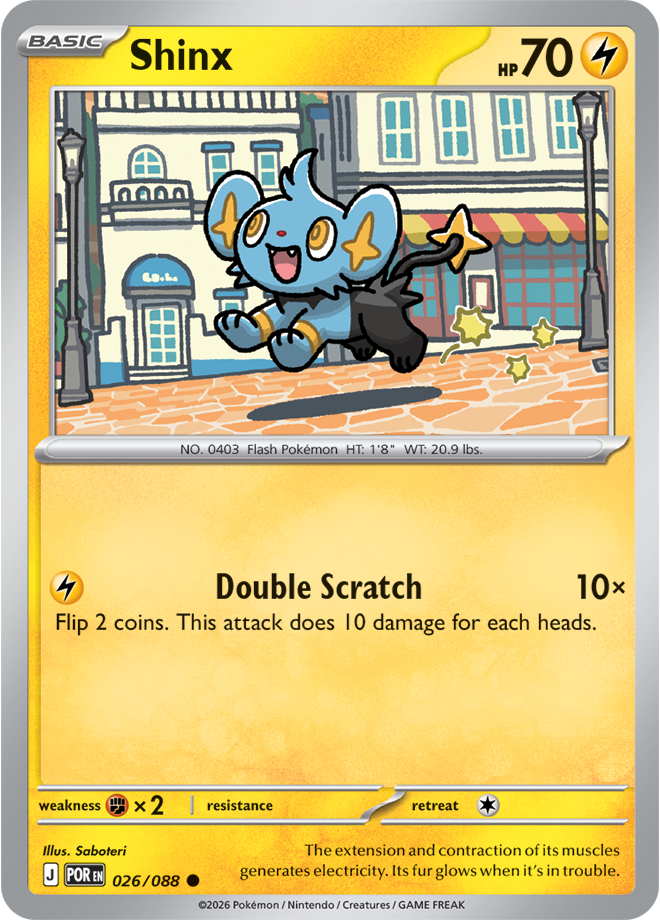 Pokémon trading card featuring Shinx with a cityscape background
