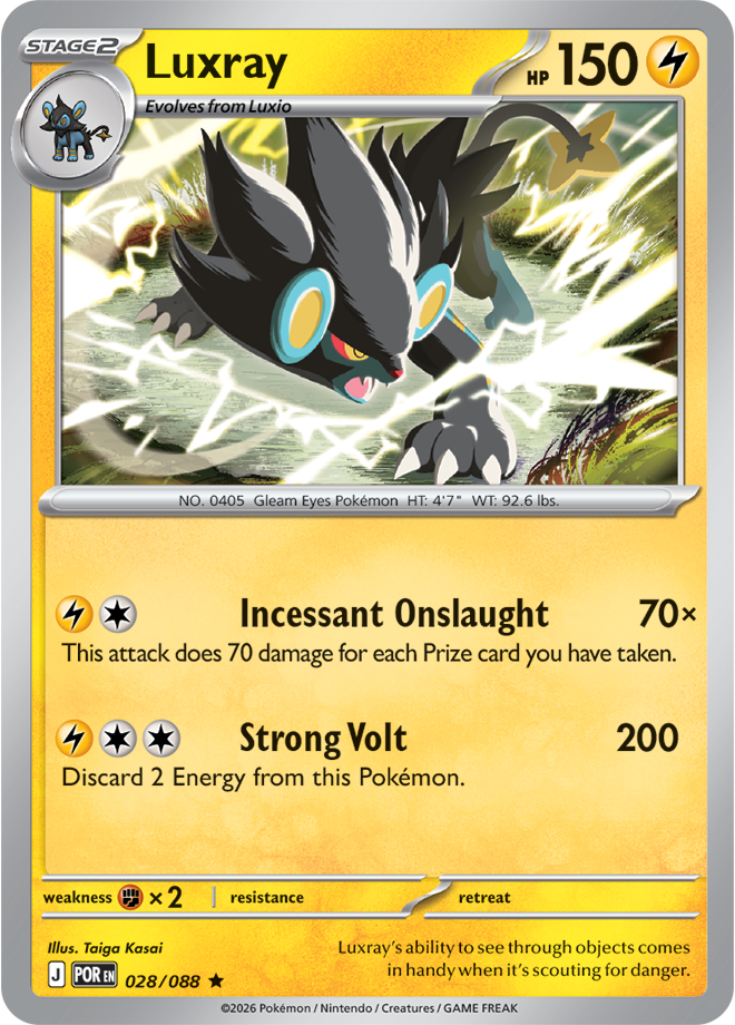 Pokémon trading card featuring Luxray with attack and defense details.