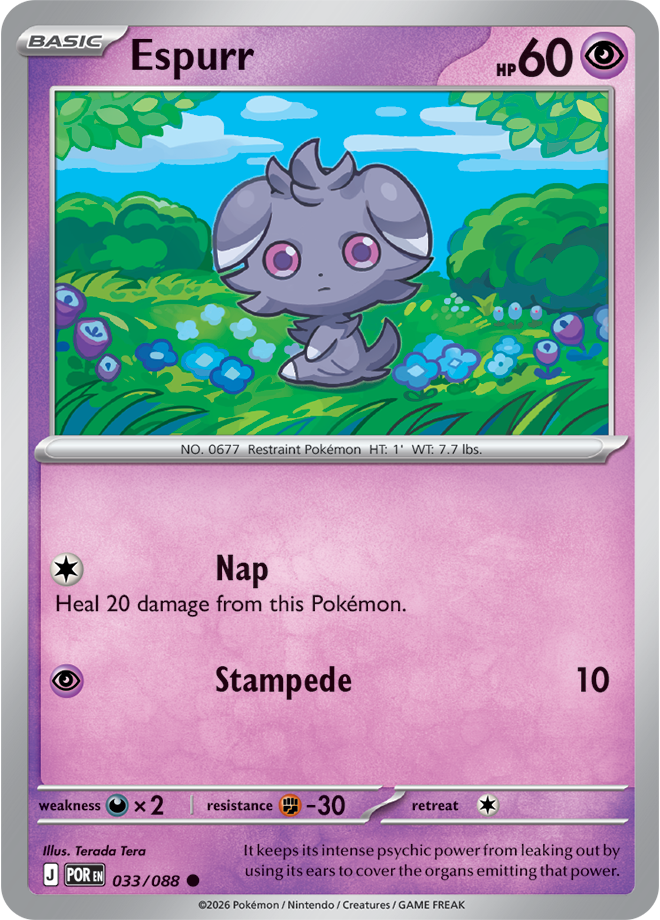 Pokémon card featuring Espurr with a purple border and grassy background