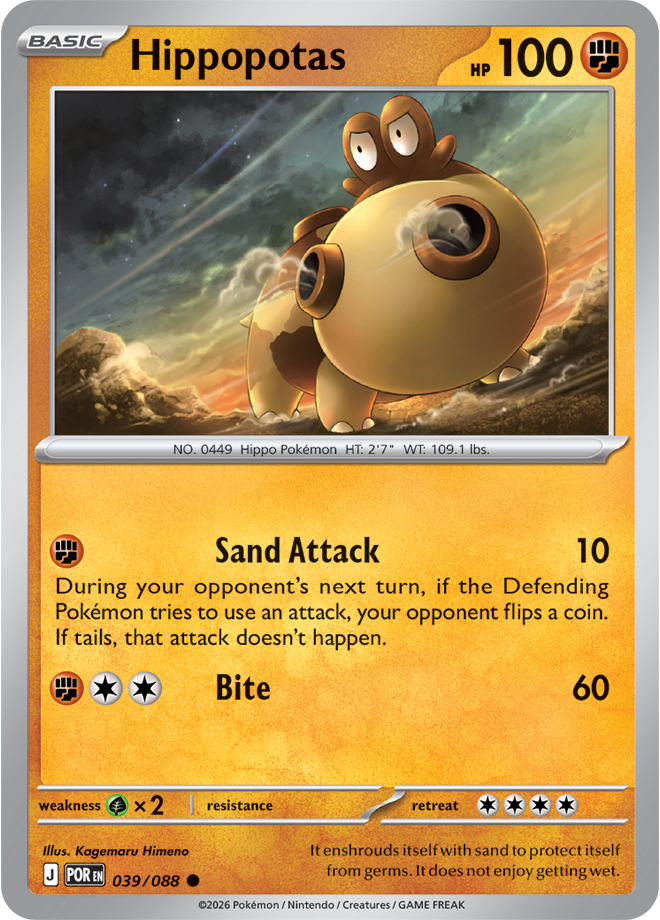 Hippopotas Pokémon trading card with sand attack and bite abilities