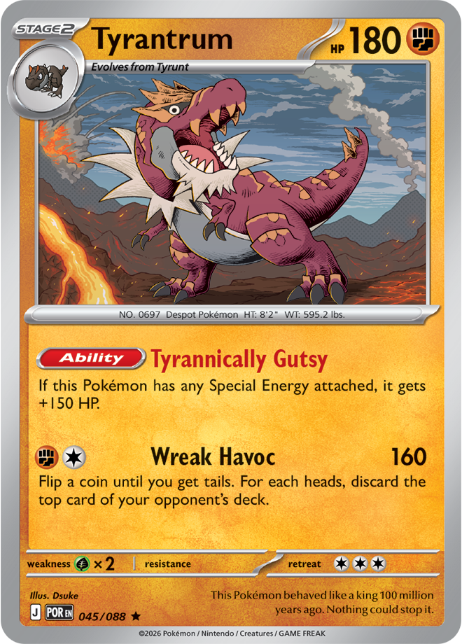 Pokémon trading card featuring Tyrantrum with a fiery background