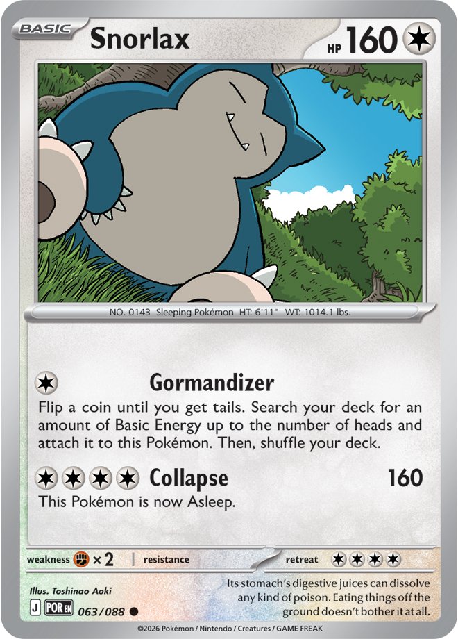 Pokémon trading card featuring Snorlax with a forest background