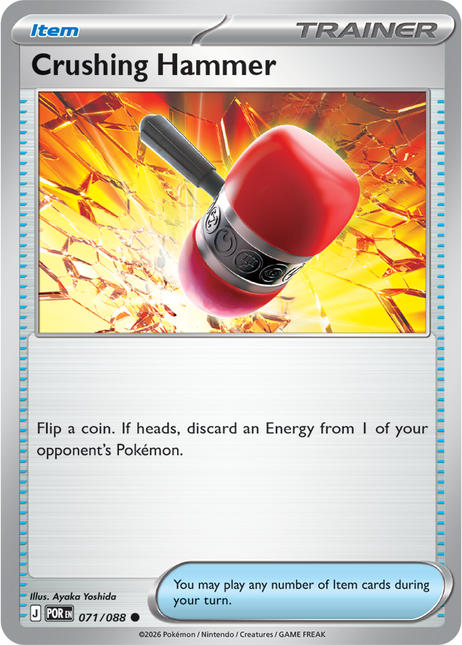 Pokémon trading card featuring 'Crushing Hammer' with a red hammer and coin on a fiery background.