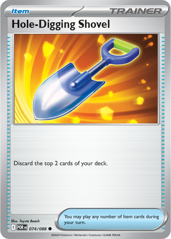 Pokémon trading card featuring a 'Hole-Digging Shovel' with a bright orange background.