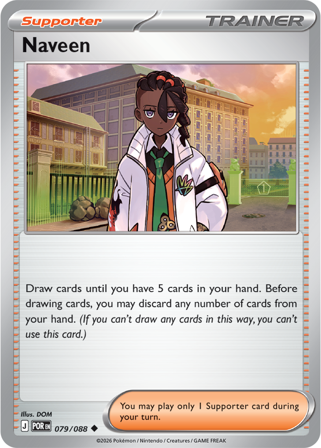 Pokémon trading card featuring Naveen, a Trainer character, with a cityscape background.