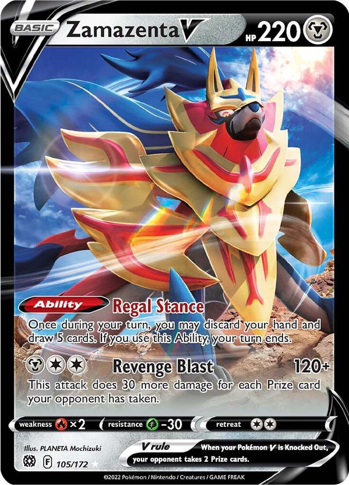 Zamazenta V Ultra Rare SWSH09: Brilliant Stars 105/172 MP (Back)