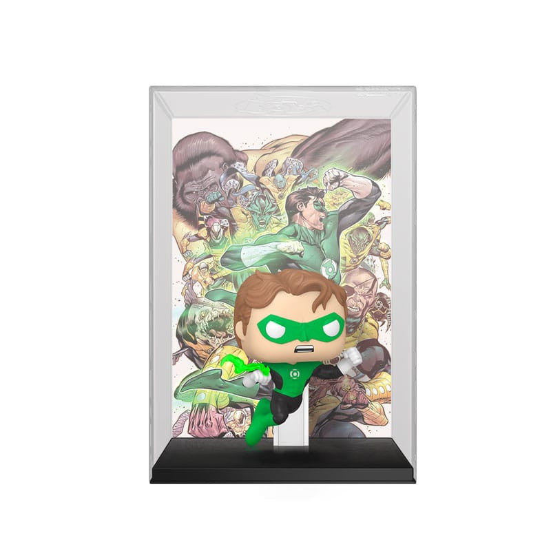 Framed collectible figure of a superhero in green costume with a white border