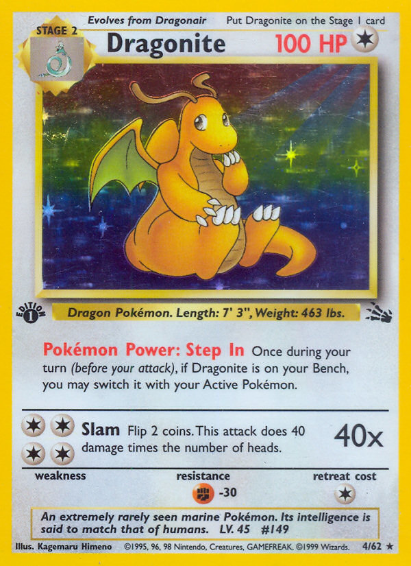 Dragonite Pokémon card with yellow border and detailed text