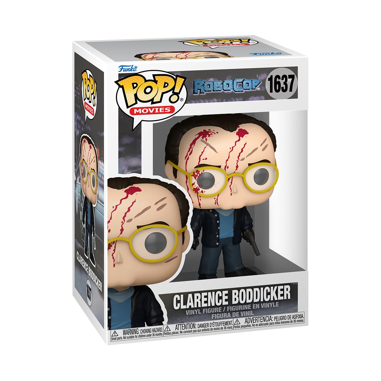 Funko Pop! vinyl figure packaging of Clarence Boddicker with bloodstains on a white background