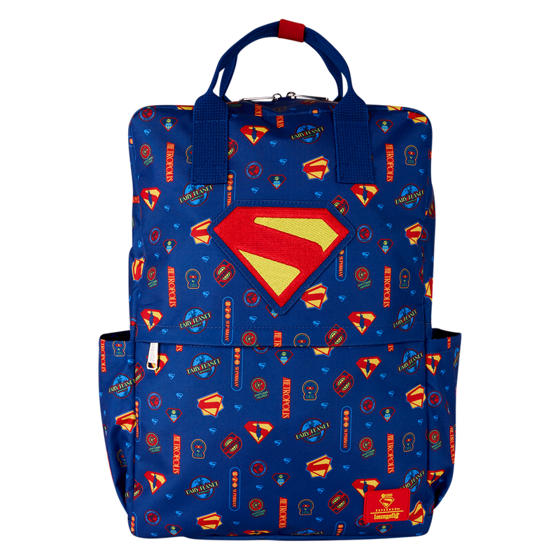 Superman backpack with logo and character pattern on a blue background