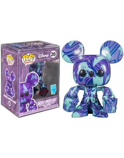 Marbled purple and blue Pop! Vinyl figure next to its packaging on a white background