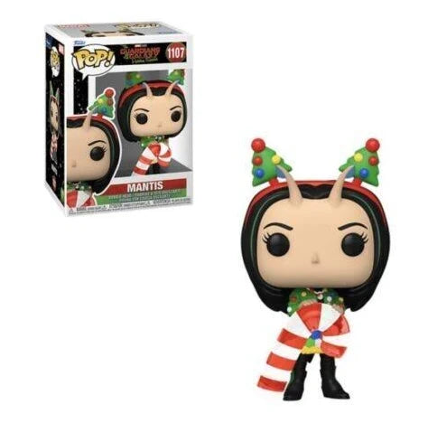 Funko Pop! vinyl figure of Mantis from Street Fighter with Christmas-themed outfit and accessories, including a box in the background.