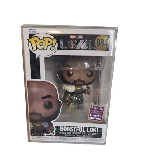 Funko Pop! Marvel Loki figure in packaging with 'Boastful Loki' label