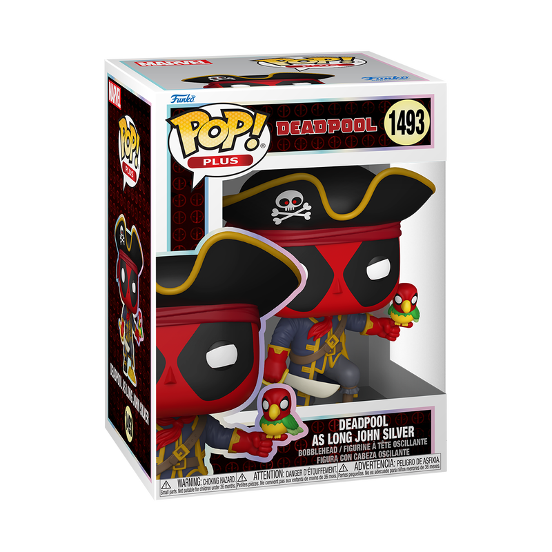 Funko Pop! vinyl figure packaging with 'Deadpool as Long John Silver' design on a white background