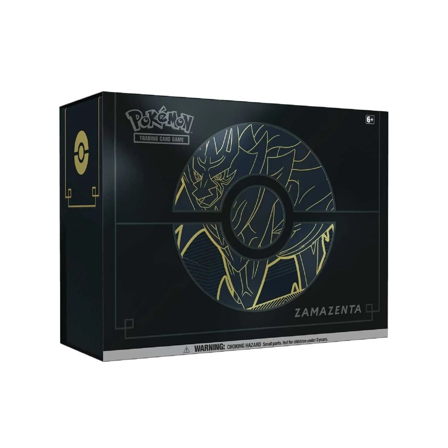 Pokémon trading card game box featuring Zamazenta design on a black background