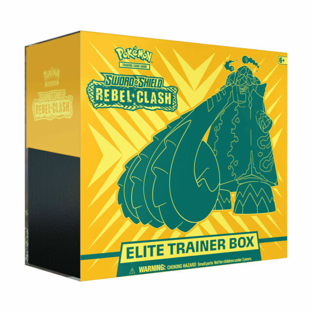 Pokémon Sword ♓ Shield Rebel Clash Elite Trainer Box with dragon design on yellow background