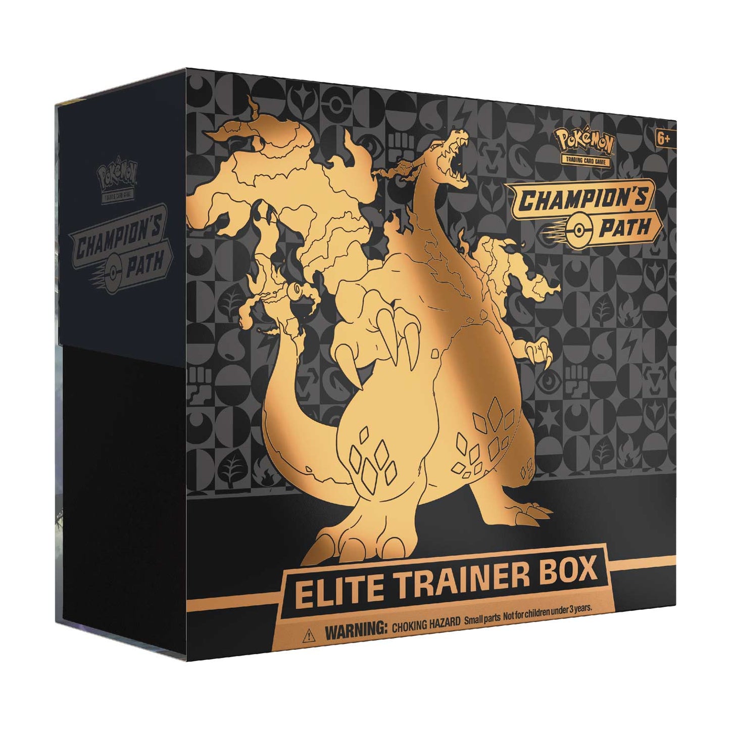 Pokémon Champions' Path Elite Trainer Box with gold dragon design on black background
