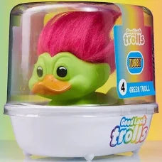 Toy figure of a character from the 'Trolls' movie in a clear container with a colorful label.