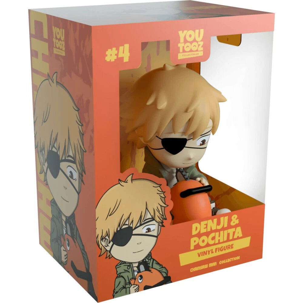 Boxed vinyl figure of Denji and Pochita with orange and white design