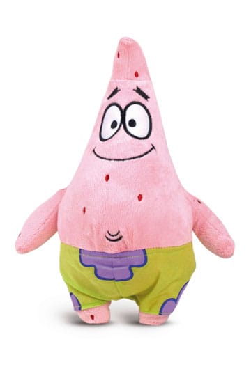 Plush toy of a pink starfish character with green shorts on a white background