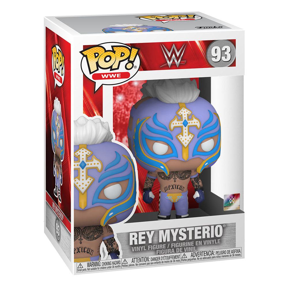 Funko Pop! vinyl figure of Rey Mysterio in packaging with WWE branding.