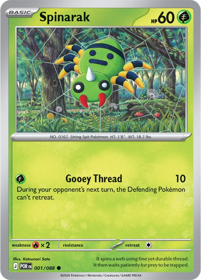 Pokémon trading card featuring Spinarak with a green background