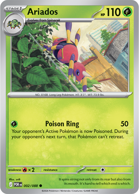 Pokémon trading card featuring Ariados with a green border and character illustration.