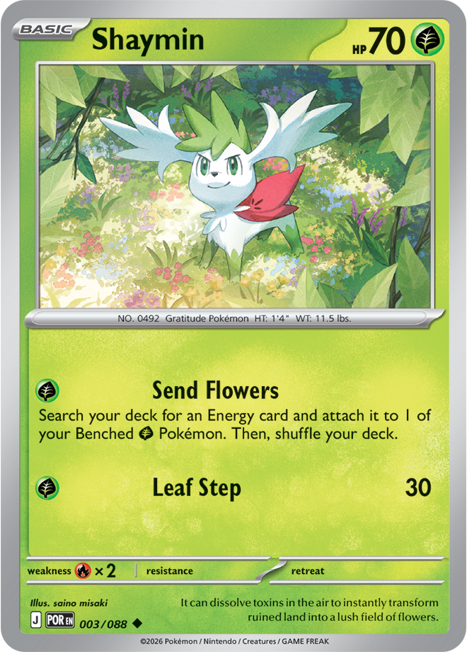 Pokémon trading card featuring Shaymin with green border and character illustration.