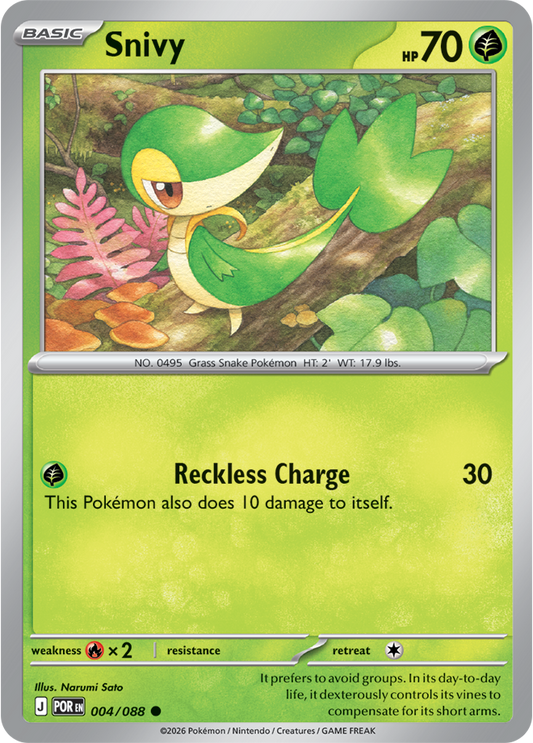 Pokémon trading card featuring Snivy with green and yellow design