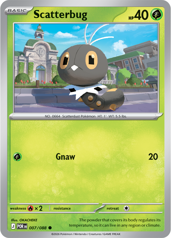 Pokémon card featuring Scatterbug with a green border and character illustration.