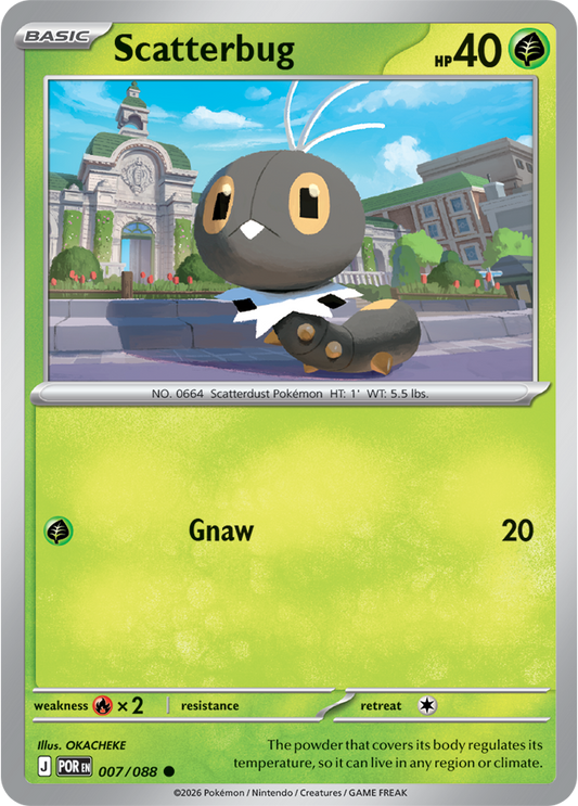 Pokémon card featuring Scatterbug with a green border and character illustration.