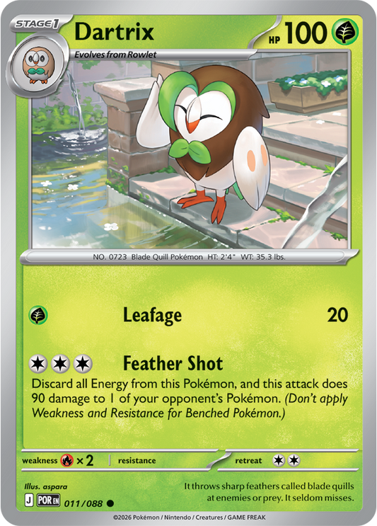 Pokémon trading card featuring Dartrix with a leafy green border