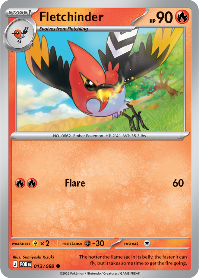 Pokémon card featuring Fletchinder with a fiery design on an orange background