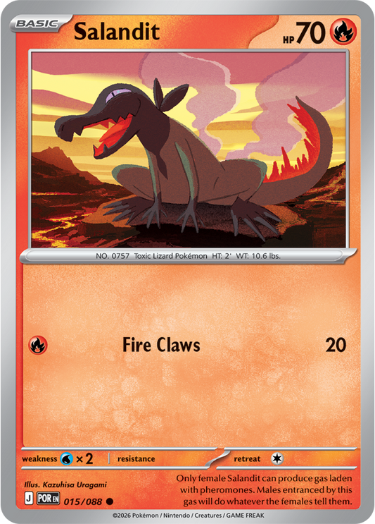 Salandit Pokémon trading card with fiery background