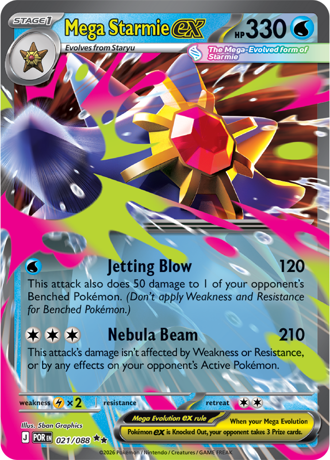 Colorful trading card featuring Mega Starmie EX with detailed text and graphics.