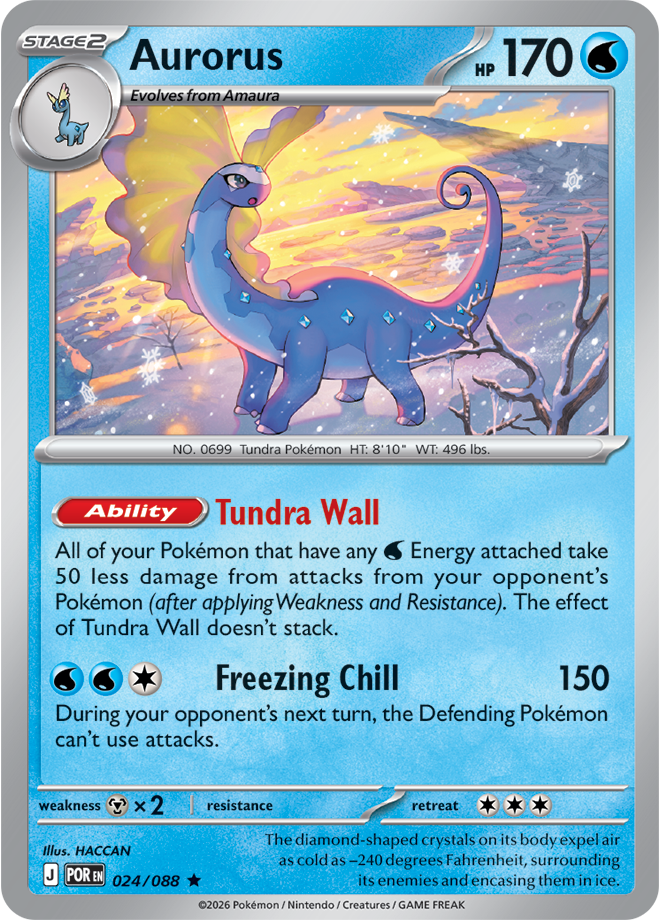 Pokémon trading card featuring a blue dinosaur-like creature named 'Aurorus' with a colorful background.