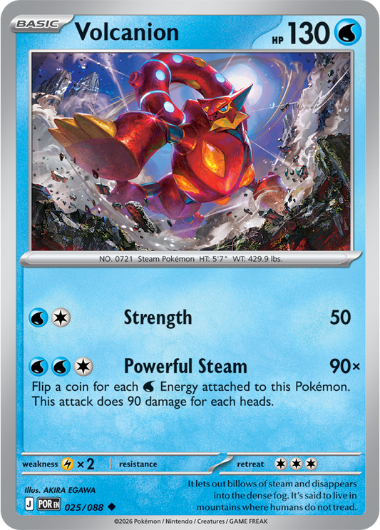 Pokémon trading card featuring Volcanion with blue border