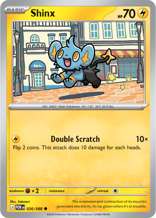 Pokémon trading card featuring Shinx with a cityscape background