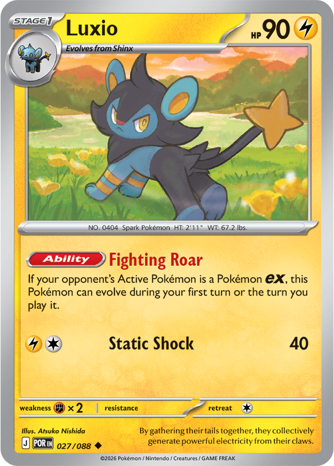 Pokémon trading card featuring Luxio with a scenic background