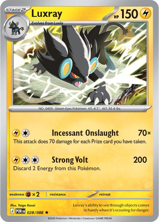Pokémon trading card featuring Luxray with attack and defense details.