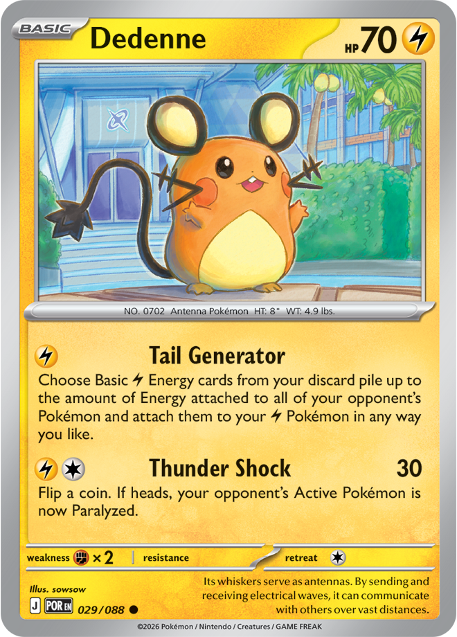 Pokémon trading card featuring Dedenne with a yellow border