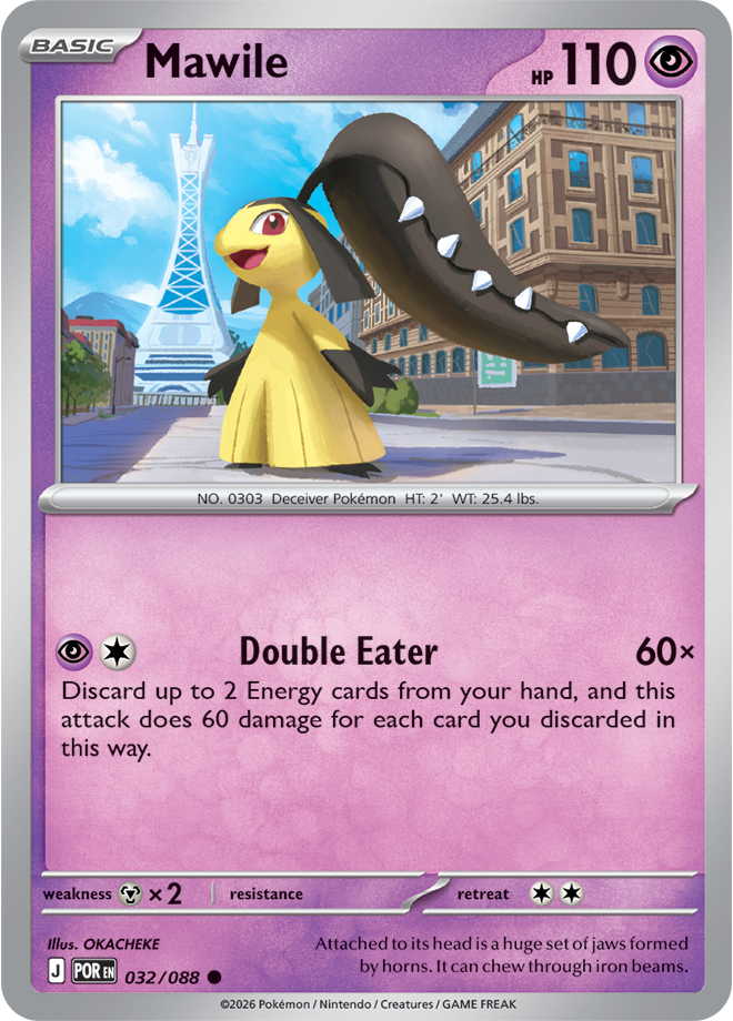 Pokémon trading card featuring Mawile with a cityscape background