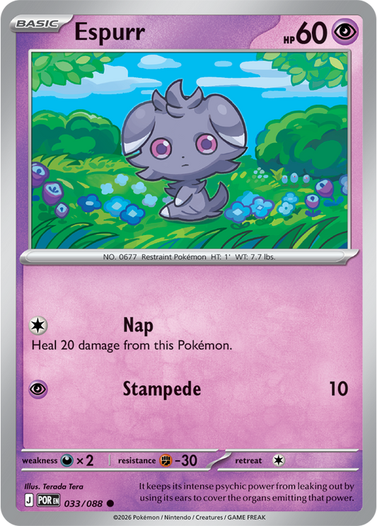 Pokémon card featuring Espurr with a purple border and grassy background