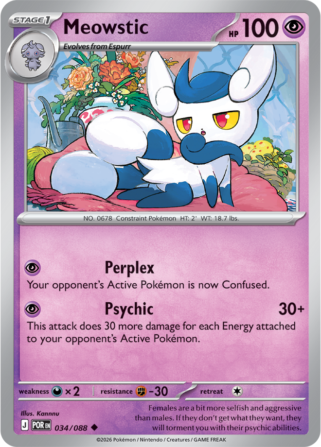 Pokémon trading card featuring Meowstic with a pink border and text.