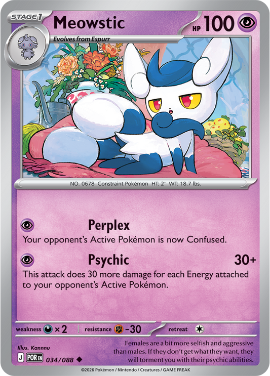 Pokémon trading card featuring Meowstic with a pink border and text.