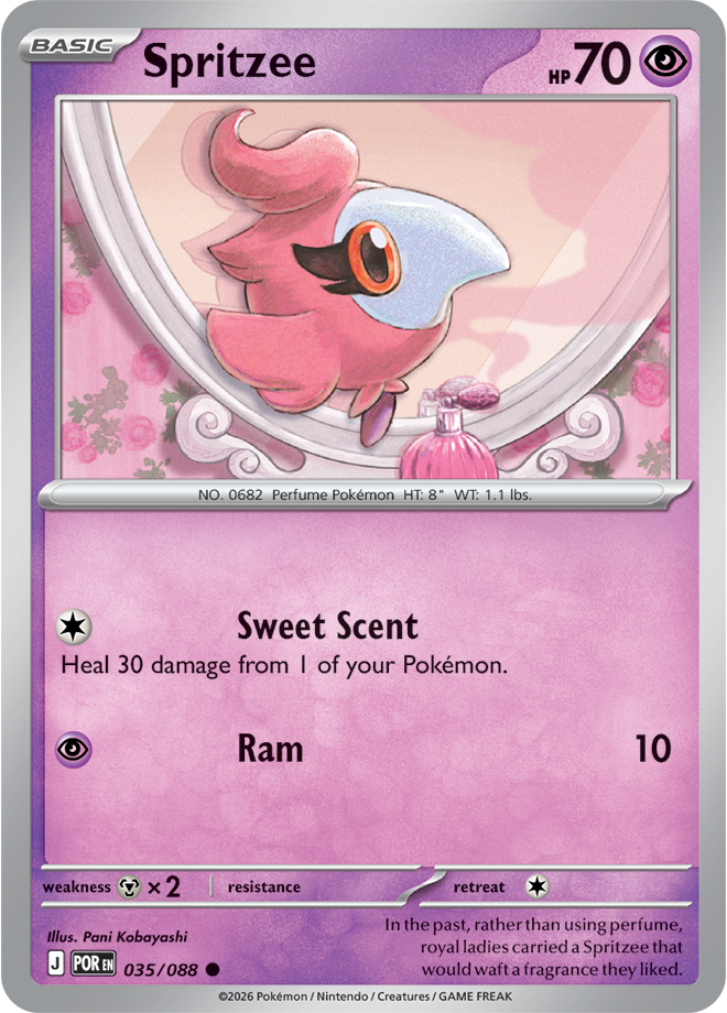 Pokémon trading card featuring Spritzee with a pink and purple design.