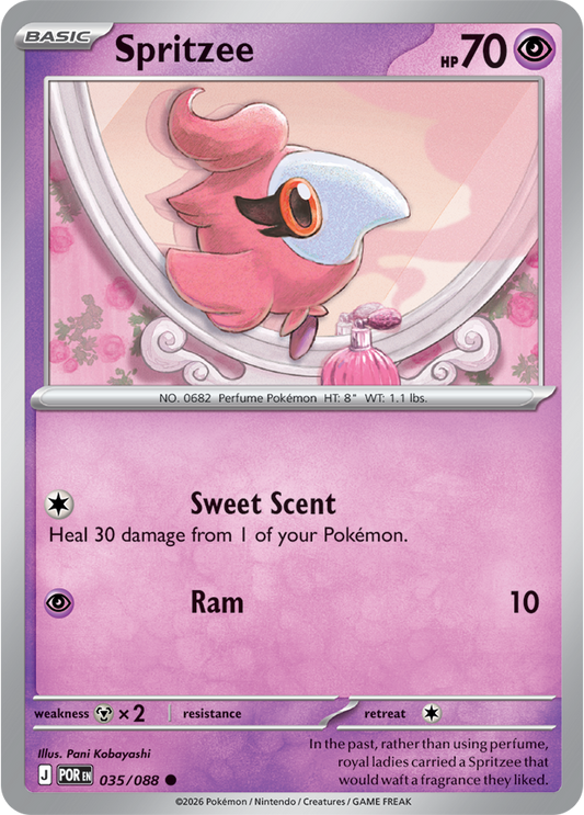 Pokémon trading card featuring Spritzee with a pink and purple design.